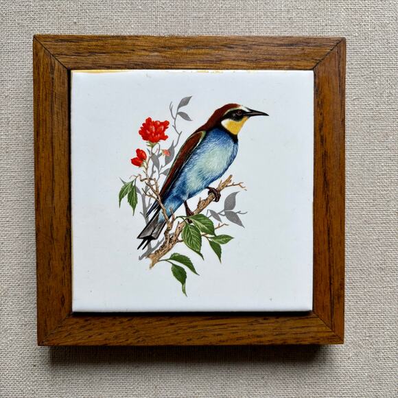 Vtg Ceramic Trivet Wall Hanging Tile Bird on Branch Wood Frame Square 5.5" - Picture 1 of 7